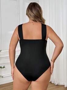 SHEIN CURVE+ Women's Plus Size Ruched Front Knitted Bodysuit, Elastic Black Camisole, Spring/Summer - Black - View 2