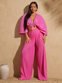 Vixey Sheer Pleated Chiffon Plunge Neck Self Tie Top, Summer Outfits For Women, Summer Tops, Beach Outfits For Women, Spring Outfits For Women, Boho, Beach Cover Up Women, Boho Women Clothing, Island Vacation Outfits - Hot Pink - View 3