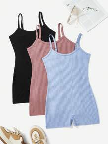 SHEIN EZwear 3pcs/Set Women Solid Ribbed Camisole Romper Unitard - Multicolor - View 7