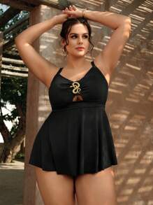Swim Lushoire Große Größen elegantes Metallschmuckstück in Schlangenform, Tankini-Set mit Oberteil und Unterteil für den Sommerurlaub am Strand - Schwarz - Übersicht 5