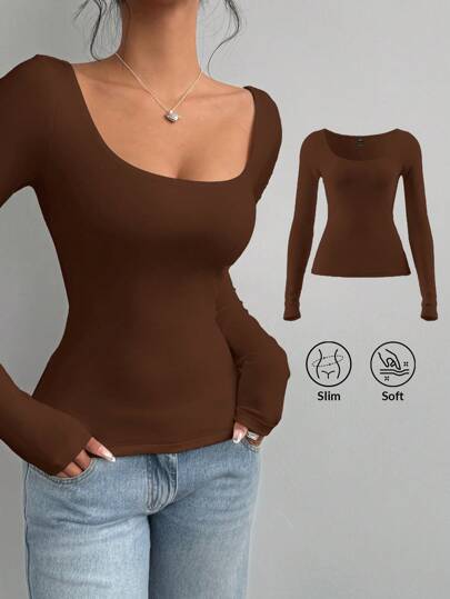 SHEIN BASICS 女士休闲纯色针织修身长袖圆领常规 T 恤 Playera Manga Larga Damawhite 上衣长袖基本款长袖上衣