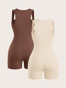SHEIN BASICS 2pcs/Set Casual Solid Color Knitted Jumpsuit With Transformable Collar For Women, Slim Fit/Summer - Brown - View 2