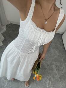 Airlisse Geborduurde effenkleurige getailleerde lijfjejurk met geplooide buste, strik aan de voorkant, ruchezoom, knoopsluiting in de taille, uitlopende jurk, elegante sexy bohemian stijl voor feestjes, vakantie, lente/zomer