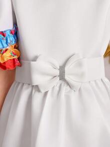 Tween Girl Plain Color Block Round Neck Short Sleeve Casual Dress - Multicolor - View 5