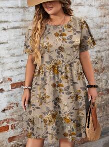 EMERY ROSE Casual & Eenvoudige Losse Ditsy Bloemen Ronde Hals Korte Mouw Plus Size Jurk, Geschikt Voor Herfst & Winter