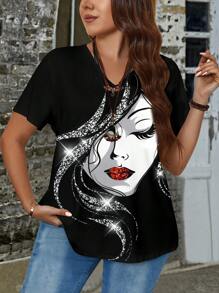 SHEIN CURVE+ Casual Minimal All-Over Print Plus Size T-Shirt - Black - View 5