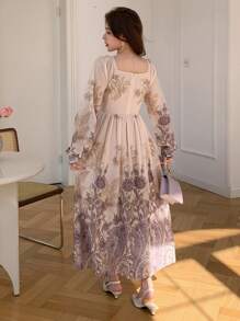 DAZY 女士碎花方领灯笼袖中长款度假连衣裙，秋季长袖连衣裙，复活节 - 紫色 - 查看 2