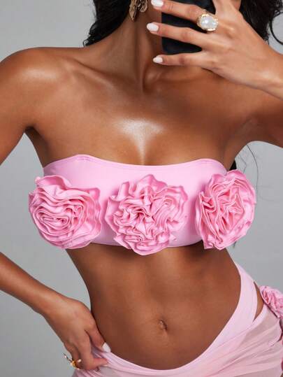 Swim EVENT Springbreak Crop Top, New Floral 3D Detachable Strap Bodycon Beach Strapless Bikini Top, Casual Holiday Music Festival Beach Vacation Swimwear For Women