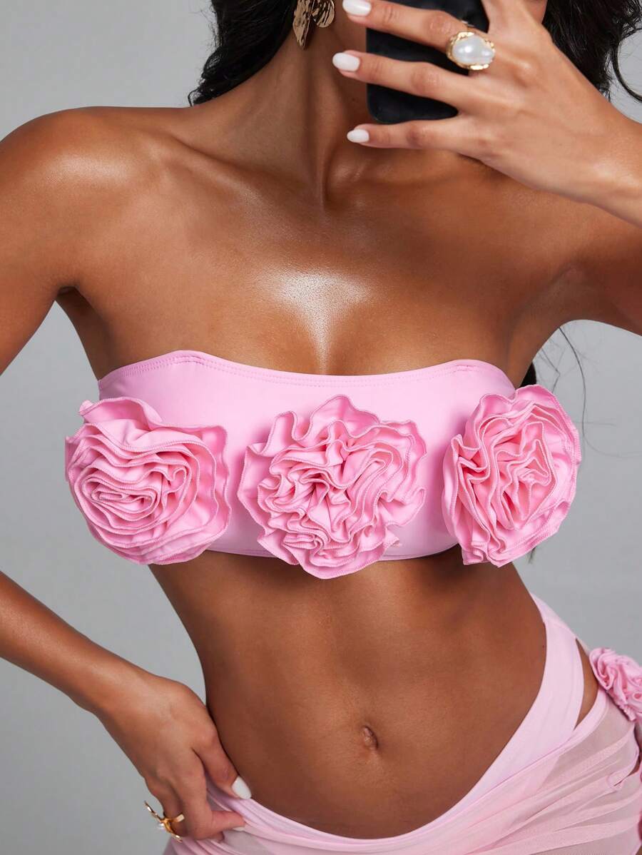 SHEIN Swim Event Springbreak Crop Top, New Floral 3D Detachable Strap Bodycon Beach Strapless Bikini Top, Casual Holiday Music Festival Beach Vacation Swimwear For Women - Pink - View 1