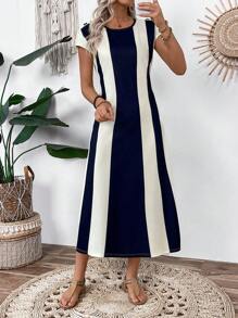 Breezaya Women's Casual Elegant Contrast Color Striped Batwing Sleeve Button Decor Cinched Waist Midi Dress - Multicolor - View 6