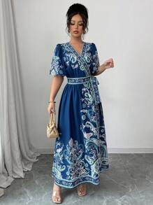 Elenzga Women's Vacation Paisley Print V-Neck Ruffle Sleeve Dress - Multicolor - View 4