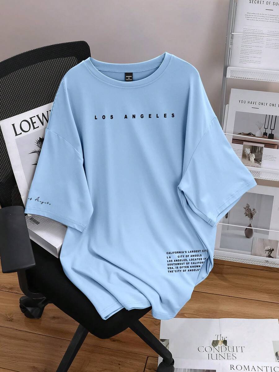 Manfinity Homme Camiseta de manga corta con cuello redondo para hombres, con estampado de letras básico, informal para uso diario