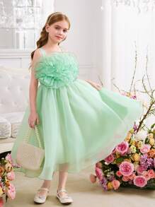 SHEIN Tween 女童优雅叠层荷叶边撞色边无袖连衣裙 - 綠色 - 查看 7