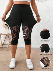 SHEIN LUNE 夏季大码女士蕾丝拼接弹力针织七分裤