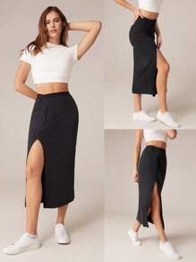 GLOWMODE Modal Soft Comfy Side Slit Front Knot Skirt Daily Casual Wear - Black - View 6