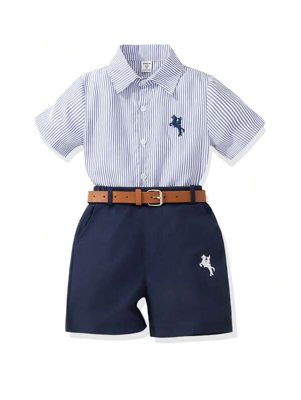 SHEIN 2pcs Young Boy Gentleman Outfit: Stripe Blue Embroidered Horse Polo Shirt And Suit Shorts With Belt, Fashion For Casual Daily Wear, School, Travel, Birthday Party, Wedding, Ring Bearer, Page Boy