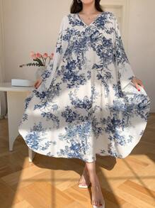 DAZY 女士全身印花宽松中长连衣裙，秋季长袖连衣裙，度假装扮，女士复活节长款连衣裙 - 藍色 - 查看 10