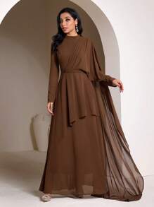 Veilorie Women's Solid Color Long Sleeve Ruffle Trim Pleated Elegant Dress Modest - Coffee - View 4