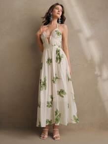 Anewsta 女士花卉提花印花 V 领收腰夏季连衣裙，优雅节日、海滩、春夏季度假装