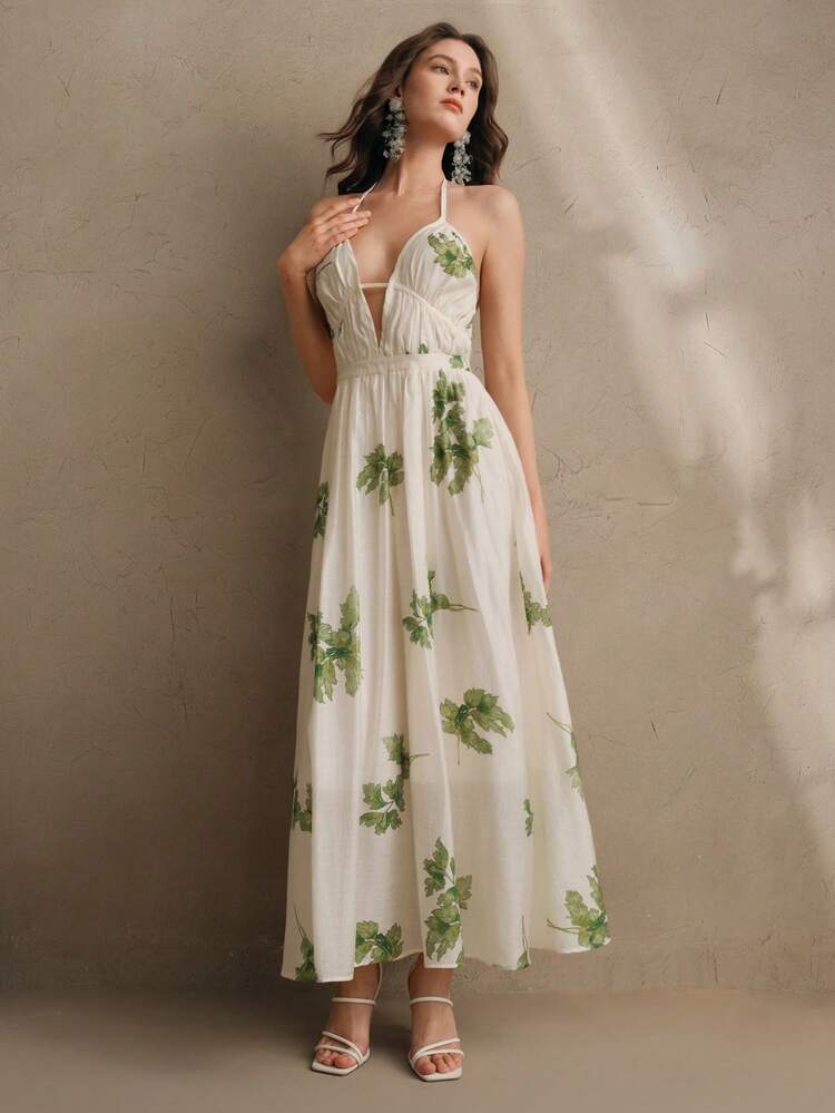 Floral Jacquard Print V-Neck Waist Cinched Summer Dress For Women, Elegant Vacation Outfit For Festival, Beach, Spring/Summer