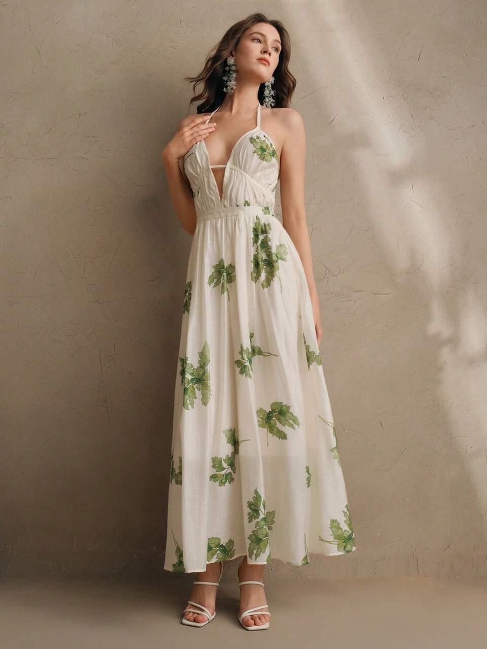 Floral Jacquard Print V-Neck Waist Cinched Summer Dress For Women, Elegant Vacation Outfit For Festival, Beach, Spring/Summer
