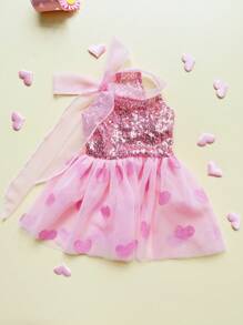 PETSIN 1pc Pet Universal Pink Heart Sequin Embroidery Flocked Mesh Bow Tie Dog Dress Elegant Cute Puppy Doggy Clothes - Pink - View 2