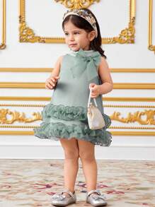 SHEIN Baby Girl Elegant Collared Bow Decor Ruffle Hem A-Line Dress - Blue - View 1