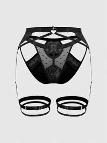 ROMWE 3pcs/Set Goth Lace Underwire Bra, G-String And Garter Belt Sexy Lingerie Set - Black - View 7
