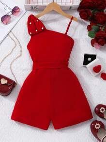 Conjunto de tirantes de unicolor elegante con perlas y lazo para niña preadolescente con cinturón, para verano, ropa para niña de color rojo, para vacaciones, verano, viajes