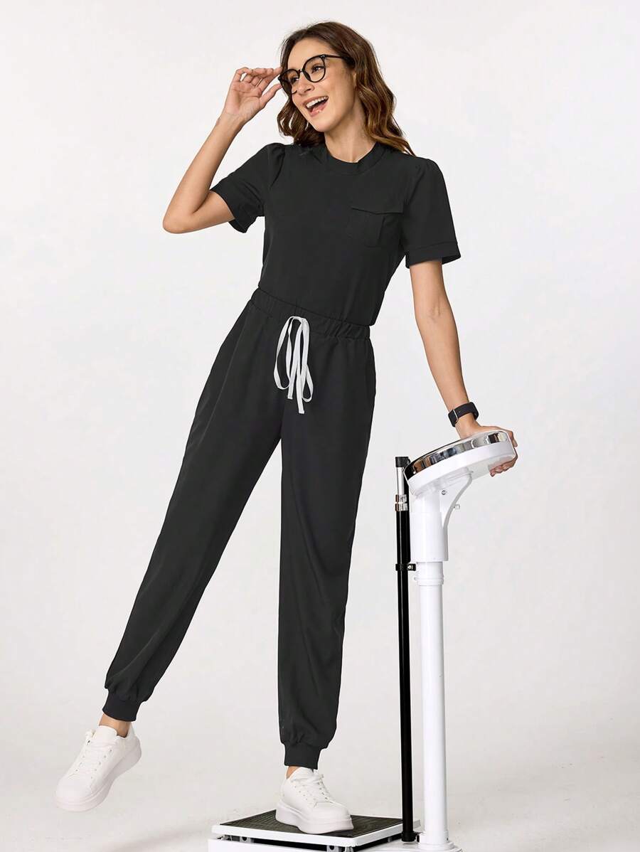 TaskEZ Solid Color Short Sleeve Casual Top & Pants Nursing Scrub Uniform Set - Black - View 1