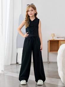 SHEIN Leap Crew Tween 女童时尚街头风格编织纯色蝴蝶结装饰无袖上衣和阔腿裤 2 件套，适合春夏季、郊游、乡村、茶会、休闲装、返校、母女装 - 黑色 - 查看 6