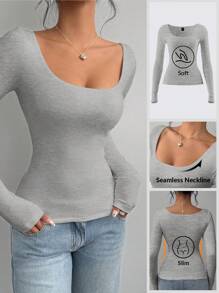 SHEIN BASICS Women's Casual Solid Color Knitted Fitted Long Sleeve Crew Neck Regular T-Shirt Playera Manga Larga Damawhite Top Long Sleevebasic Long Sleeve Tops - Light Grey - View 2