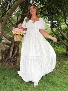 Flirla Plus Size Boho Solid Sweetheart Collar Ruffle Trim Front Tie Puff Sleeve Elastic Waist A-Line Patchwork Dress, For Summer - White - View 4
