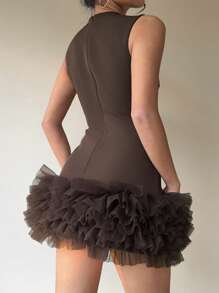 Aloruh 咖啡色荷叶边网眼下摆无袖迷你连衣裙，时尚女装 - 咖啡棕 - 查看 2