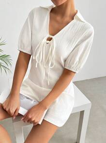 SHEIN EZwear Damen einfarbiger Jumpsuit mit Laternenschnittärmeln und Schleife vorne - Weiss - Übersicht 7