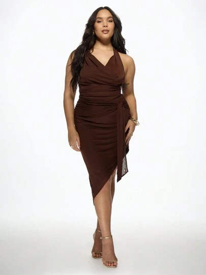 MISSGUIDED PLUS Elegant Plus Size Wrap Dress Draped Cowl Halter Neck Asymmetric Hem Side Tie Midi Evening Party Wedding Guest Special Occasion Dress