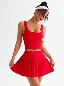 Easithlete Women's Solid Color Square Neck Tank Top & Pleated Shorts Sports Set - Red - View 6