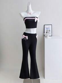 Teen Girls Tube Top With Bow Detail & Flared Pants Sets, Pink And Black Colorblock
