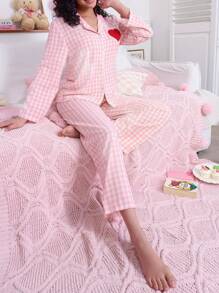 SweetSlumber Conjunto de pijama para mujer de 2 piezas a cuadros rosa y blanco con corazones
