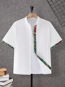 SHEIN Casual White Patchwork Short Sleeve Shirt For Teen Boys, Sports Streetwear Punk Rock School Daily Outgoing Party Music Festival, Suitable For Spring & Summer, Boys Costume Tween Clothes, Graphic Retro Print - White - View 3