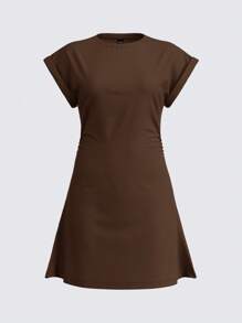 SHEIN BASICS Plain Color Knit Crew Neck Short Sleeve Side Drawstring Mini Dress,Summer Dresses For Women - Brown - View 5