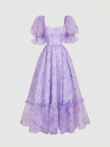SHEIN MOD Women's Purple Tie-Dye Puff Sleeve Bow Dress, Tropical Resort Style Women's Wear, Spring/Summer Women's Wear, Beachwear, Resort Wear, Carnival Wear, 90s Style Clothing, Bridal Gown, Elegant Wedding Dress, Classic Dress, Sundress, Resort Dress, Women's Formal Dress/Party Dress - Multicolor - View 2