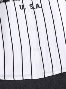 Young Boy Casual Striped Letter Print Stand Collar Short Sleeve Shirt, Comfortable Sporty Style Suitable For Daily Wear, School, Travel, Sports, Spring And Summer - White - View 6