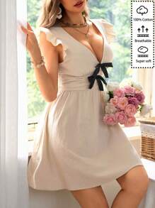 SHEIN VCAY Holiday Date Dress, Women's V-Neck Bow Contrast Color A Word Frills Casual Holiday Dress, Spring And Summer, Holiday Summer Beach Dress, Back To School Dress, Very Simple Dress, Office Dress, Old Money Dress, Elegant Dress, Date Dress, Go Out For Music Festival Dress - Apricot - View 4