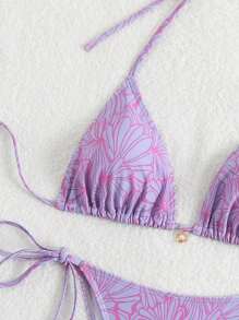 SHEIN Swim Women Spring Break Beachwear 2 Pieces Vintage Bikini Set, Random Floral Print Tie Front Top And Tie Side Bottom, Bohemian Festival Summer Vacation Outfits