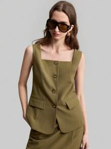 Ontre Conjunto de falda y chaleco de cuello cuadrado, de tela de lino, estilo resort, color verde militar, conjunto de uso diario, conjunto de chaleco sin mangas, traje de mujer