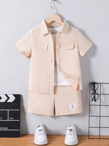 SHEIN 2 Pieces Set Young Boy Solid Color Short Sleeve Patch-Up Shirt And Letter Print Shorts, Casual Wear