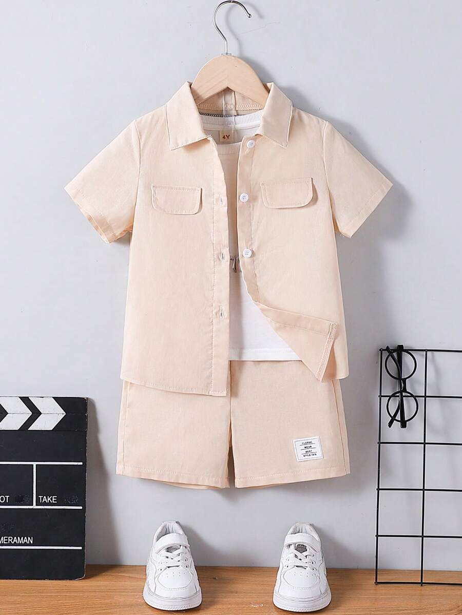SHEIN 2 Pieces Set Young Boy Solid Color Short Sleeve Patch-Up Shirt And Letter Print Shorts, Casual Wear