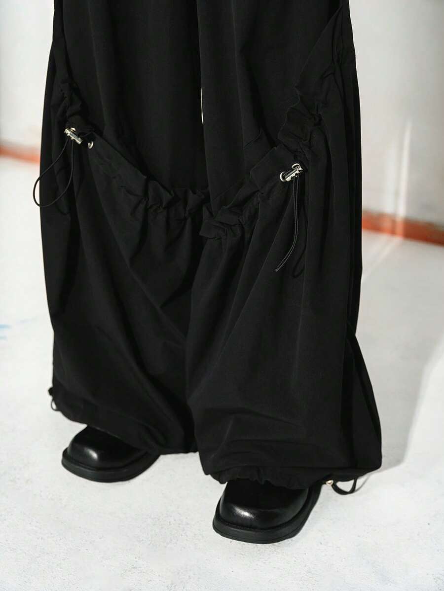 Chiquease Women's Solid Color Drawstring Waist Flap Pocket Loose Casual Cargo Pants For 25 Spring&Summer Fall Cloth For Women - Black - View 1