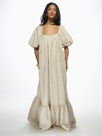 MISSGUIDED Extreme Volume Puff Sleeve Milkmaid Smock Maxi Dress Linen Blend Summer Beach Resort Boho Wedding Guest Prairie Style Statement Dress